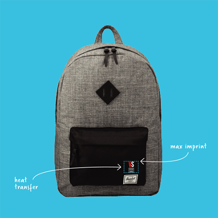 Herschel gray backpack with samples of heat transfer and mac imprint patches.