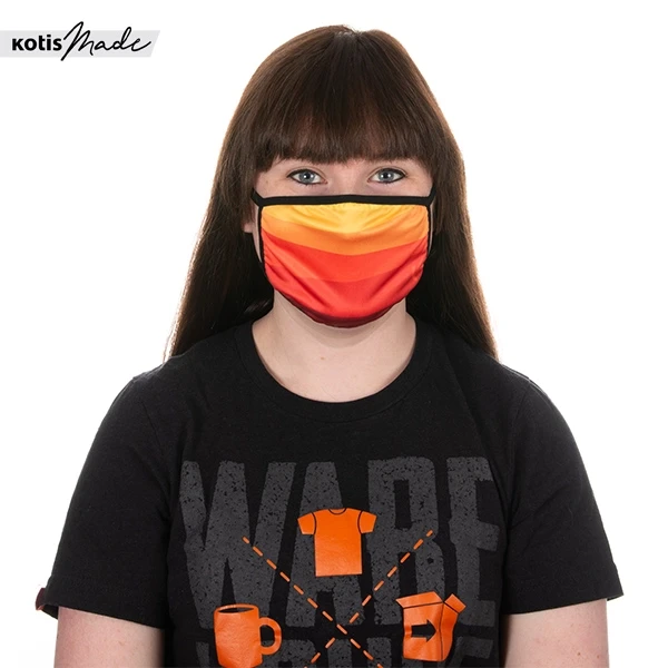 Woman wearing custom printed face mask.