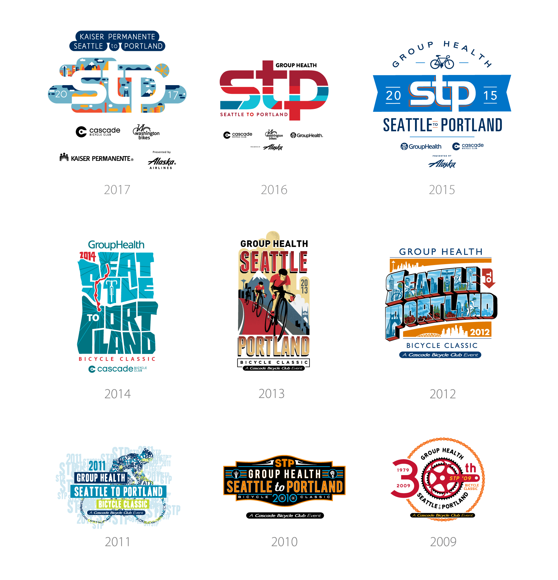 Custom logos for the past 9 years of STP
