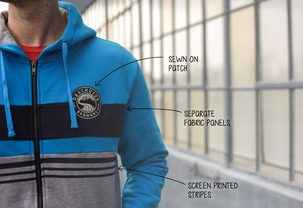 Blue custom hoodie with sewn on patch, separate fabric panels, and screen printed stripes
