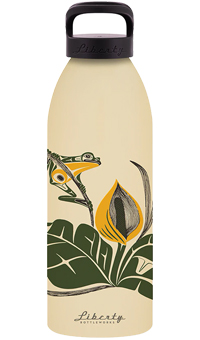 Cream color Liberty bottle with frog and leaf drawing.