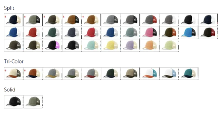 Richardson low profile mesh back trucker hat color options.