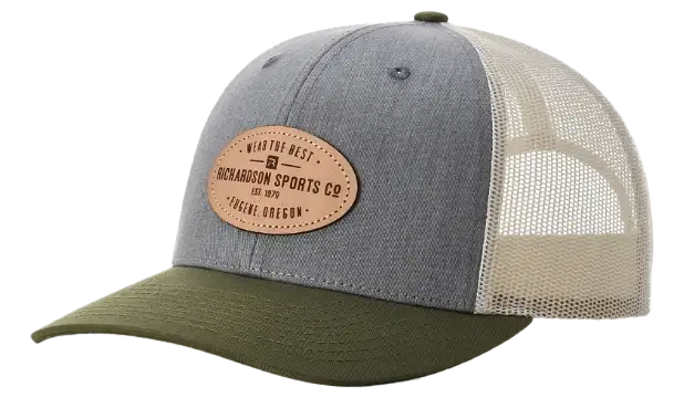 Gray, olive green, and off-white Richardson low profile mesh back trucker hat.