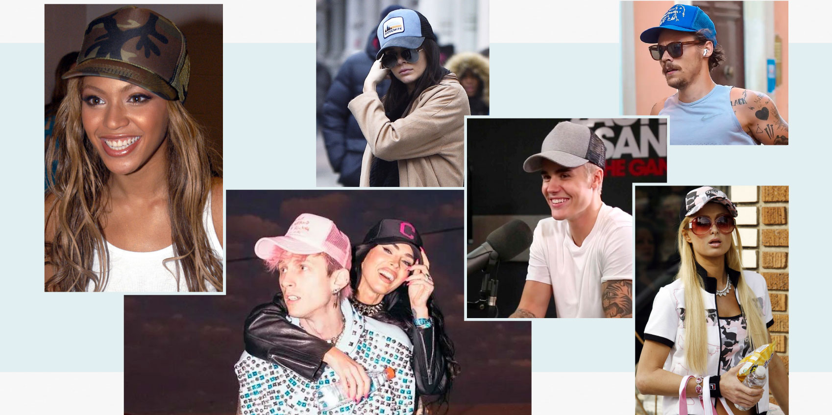 collage of celebrities all wearing custom mesh back trucker hats