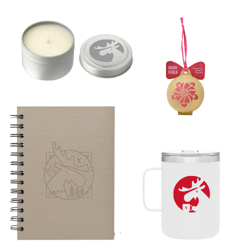 Seed ornament, Calm Meadow candle, camper mug, and classic spiral journal.