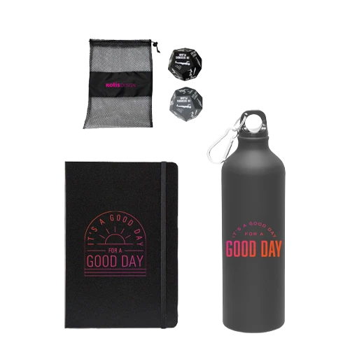 Swag kit with a Fitness fun dice game, compact journal, and h2go aluminum bottle.