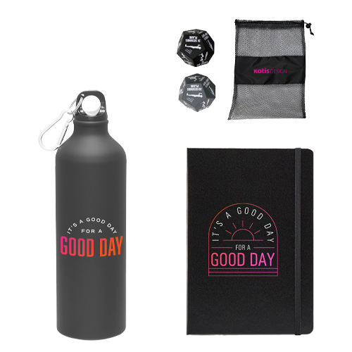 Swag kit with a Fitness fun dice game, compact journal, h2go aluminum bottle.