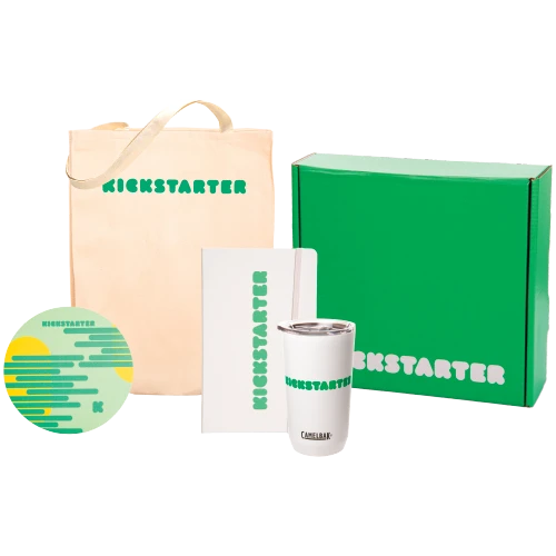 Kickstarter's green new hire kits with onboarding swag for new employees.