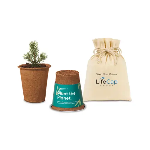 Modern Sprout tree planter and beige carrying sack