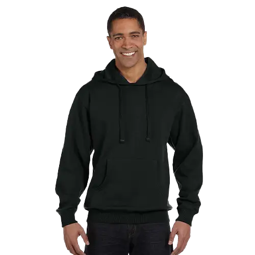 Model in black econscious organic pullover hoodie.
