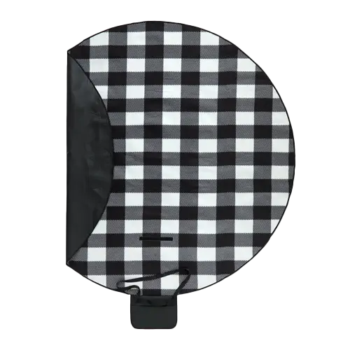 Black and white oversized round recycled picnic blanket.