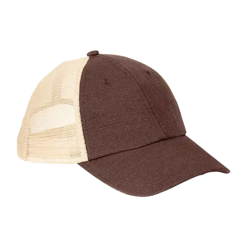 Brown and tan Econscious 6.8 oz. Hemp Washed Soft Mesh Trucker.