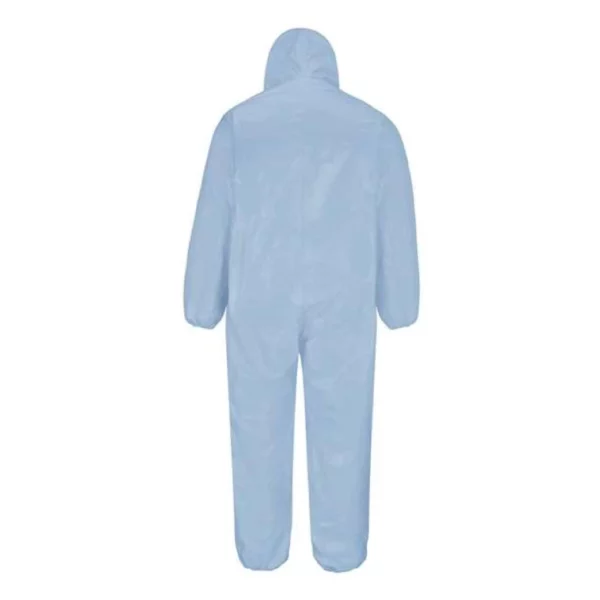 Backside of blue Bulwark chemical splash and flame-resistant coverall