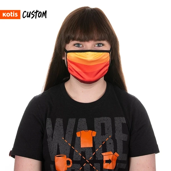 Woman wearing custom printed face mask.